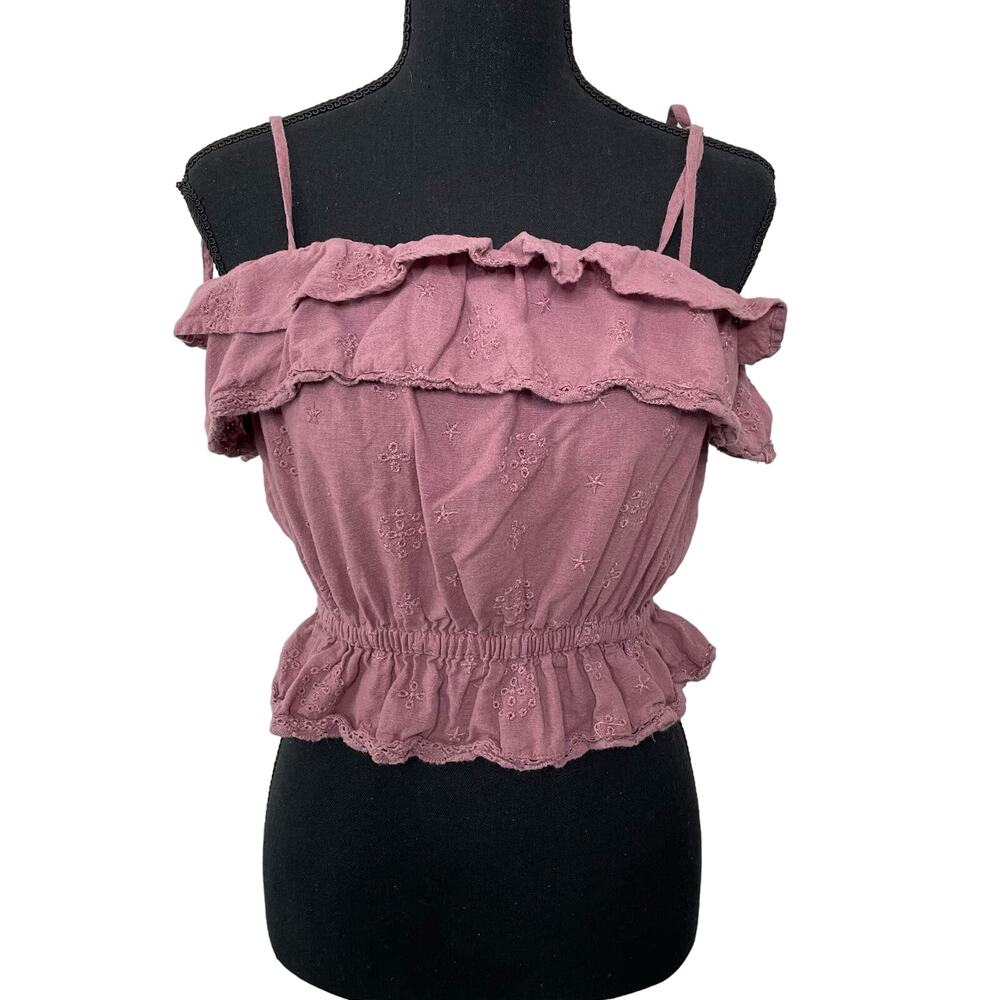 American Eagle Crop Top Cold Shoulder Spaghetti Strap Ruffled Pink‎ Size XS